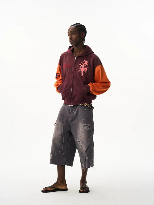 EXITMODE BY BLIND NO PLAN Color Block Washed Distressed Oversized Zip Up Hoodie | Face 3 Face