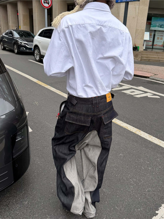STEEPC Button Fly Reverse Patchwork Baggy Jeans | Face 3 Face