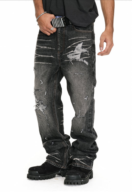 ANTIDOTE Irregular Torn Hole Washed Flared Jeans | Face 3 Face