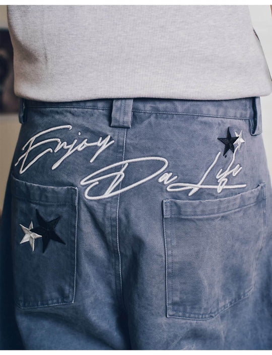 MEDM 3D Star Logo Embroidered Pleat Curved Baggy Pants | Face 3 Face