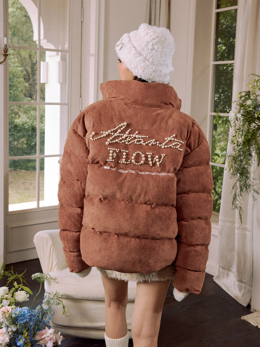 Harsh and Cruel Font Pearl Embroidery Suede Down Jacket | Face 3 Face