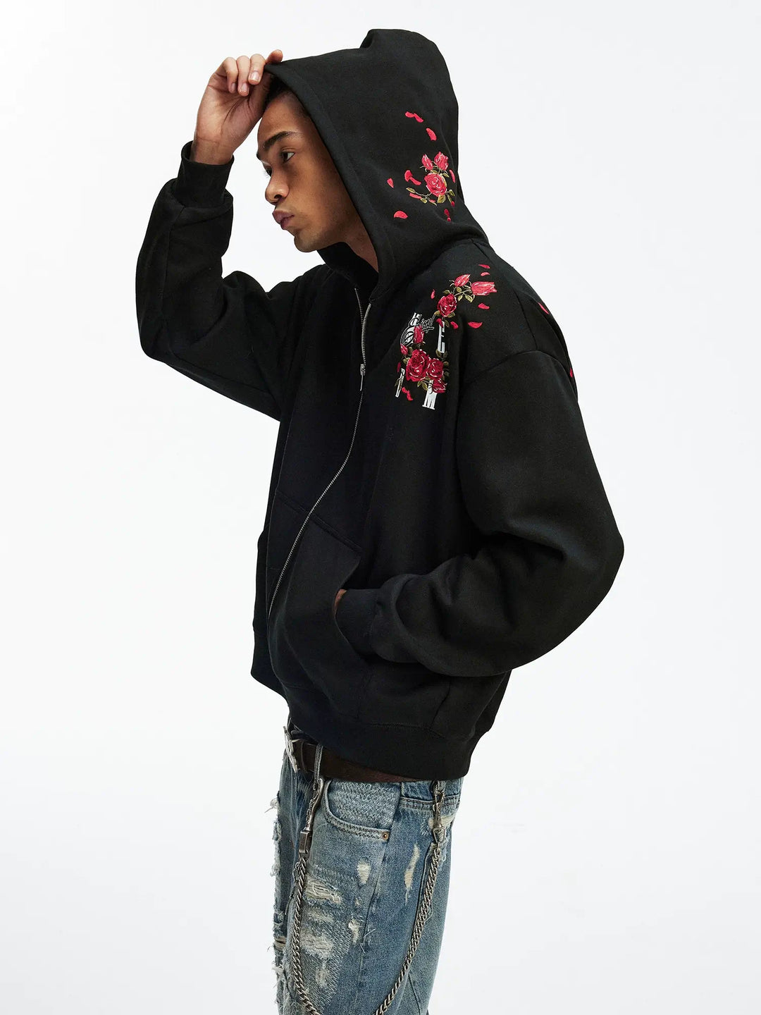 MEDM Rose Embroidered Zip Up Hoodie | Face 3 Face