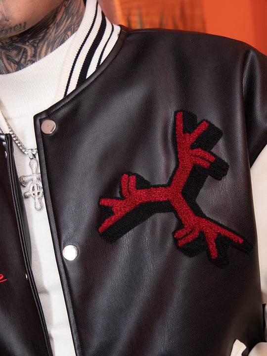 TGFCLUB Goat Embroidered PU Leather Varsity Jacket | Face 3 Face