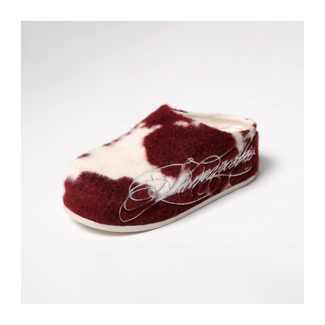 KARMANISTIC Fur Embroidered Red Slipper Clogs | Face 3 Face