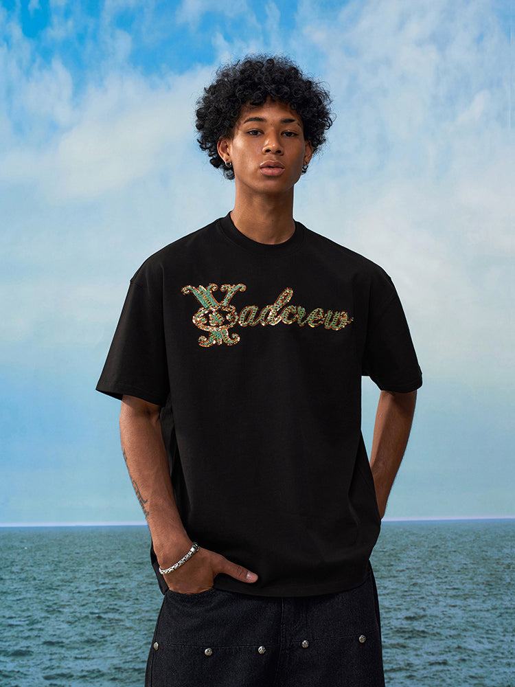 YADcrew Sequin and Bead Logo Embroidery Tee | Face 3 Face
