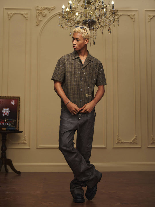 YADcrew Galaxy Rhinestone Plaid Short Sleeve Shirt | Face 3 Face