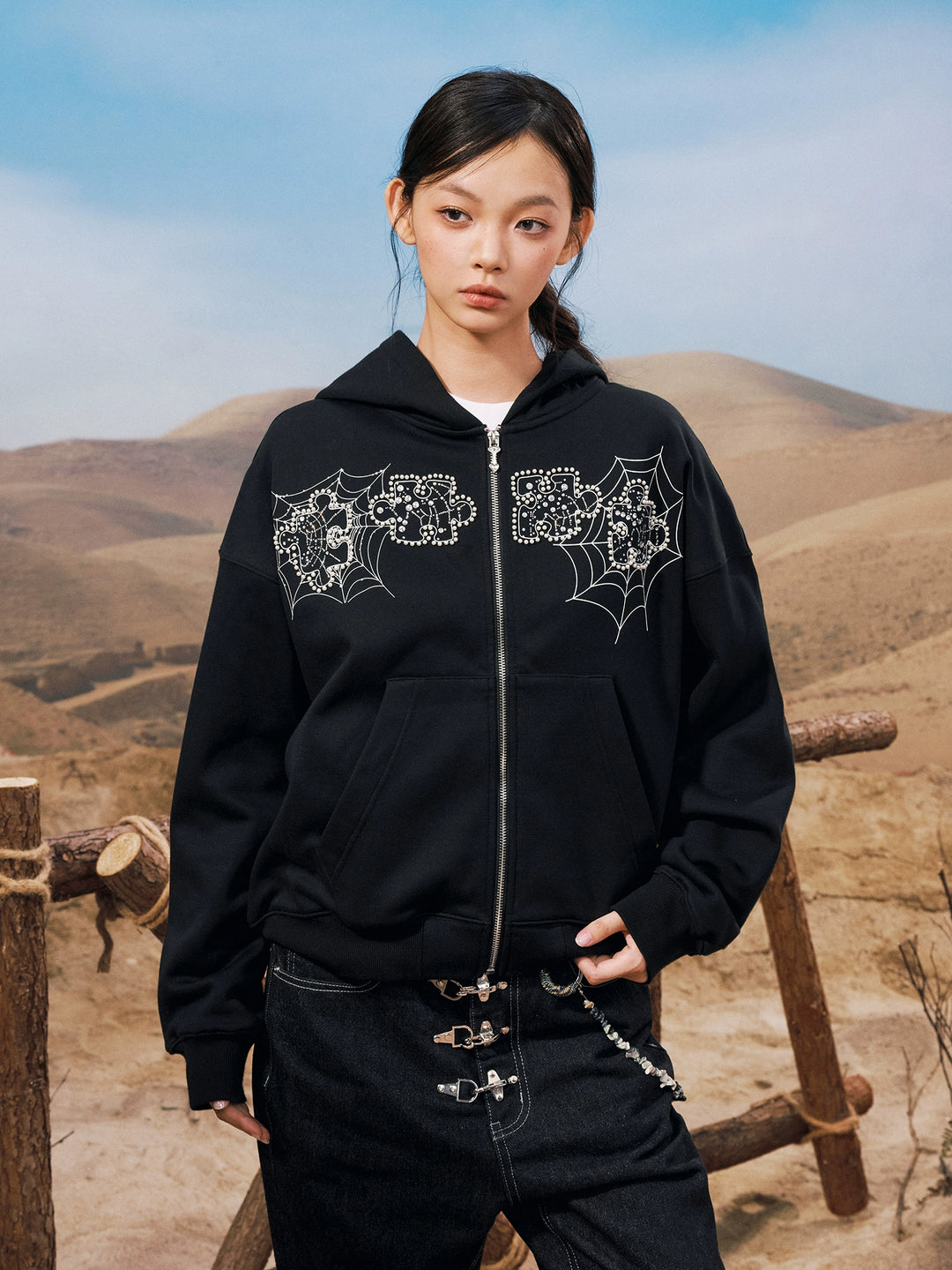 YADcrew Spiderweb Puzzle Pearl Embroidery Zip Up Hoodie | Face 3 Face