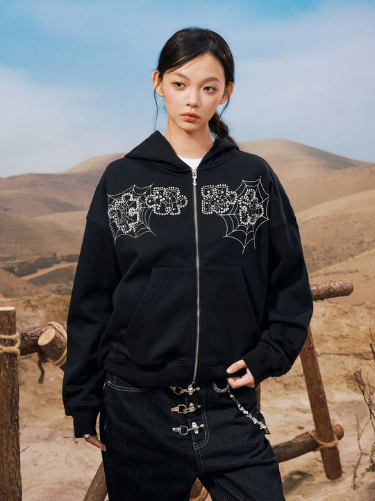 YADcrew Spiderweb Puzzle Pearl Embroidery Zip Up Hoodie | Face 3 Face