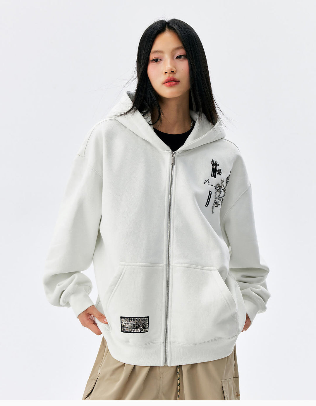 MEDM Beaded Flower Embellished Zip Up Hoodie | Face 3 Face