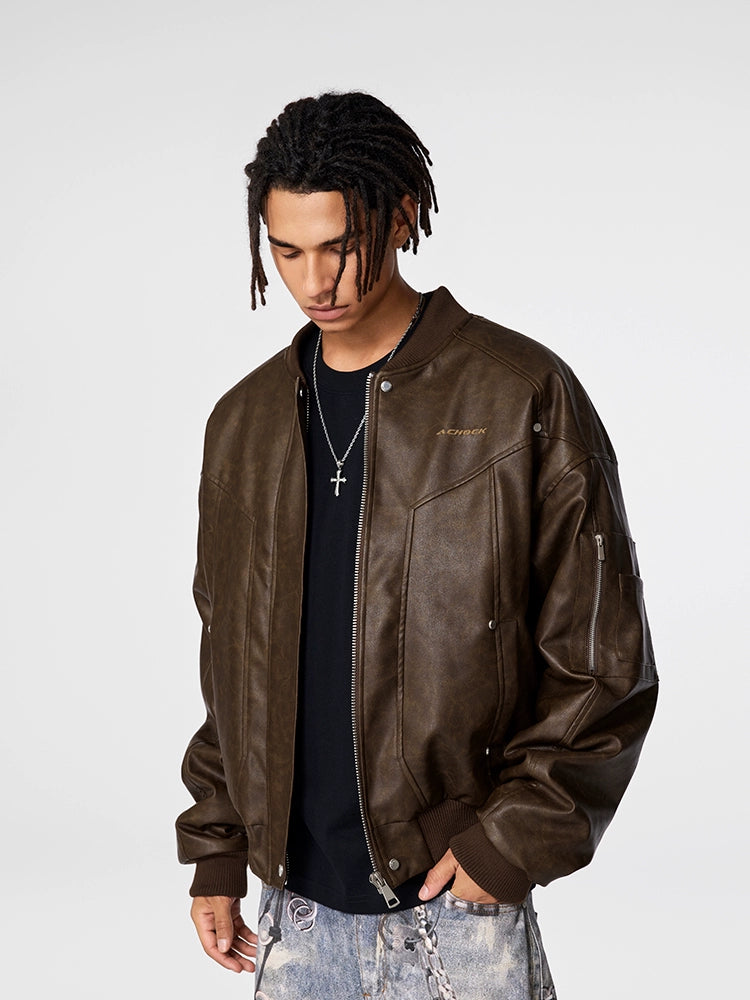 Bomber Jacket | Achock Brown PU Leather MA-1 Bomber Jacket | Face 3 Face