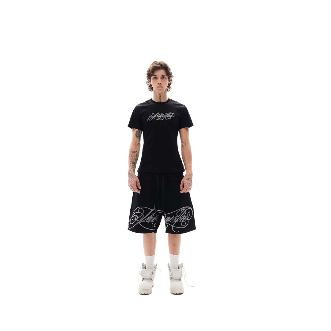 KARMANISTIC Rhinestone Letter Sweat Shorts | Face 3 Face
