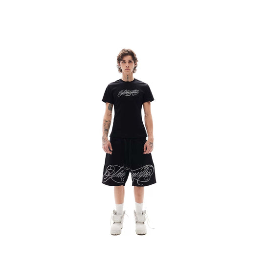KARMANISTIC Rhinestone Letter Sweat Shorts | Face 3 Face