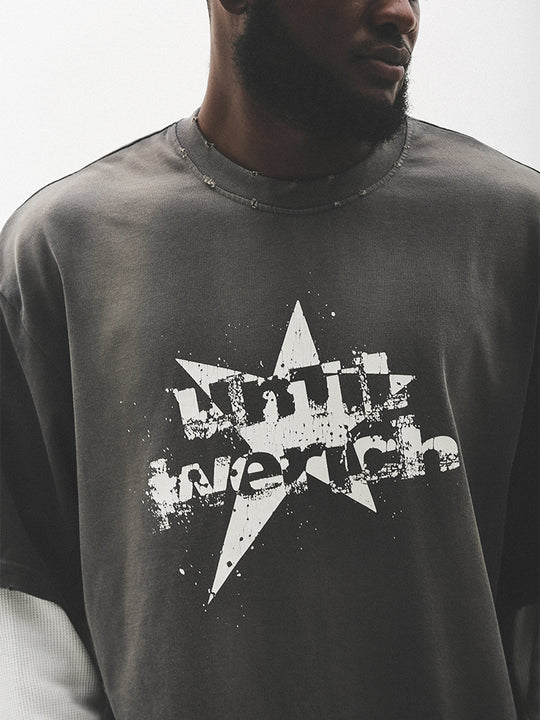 UNTILWERICH Washed Star Burst Print Mock Two-Piece Long Sleeve Tee | Face 3 Face