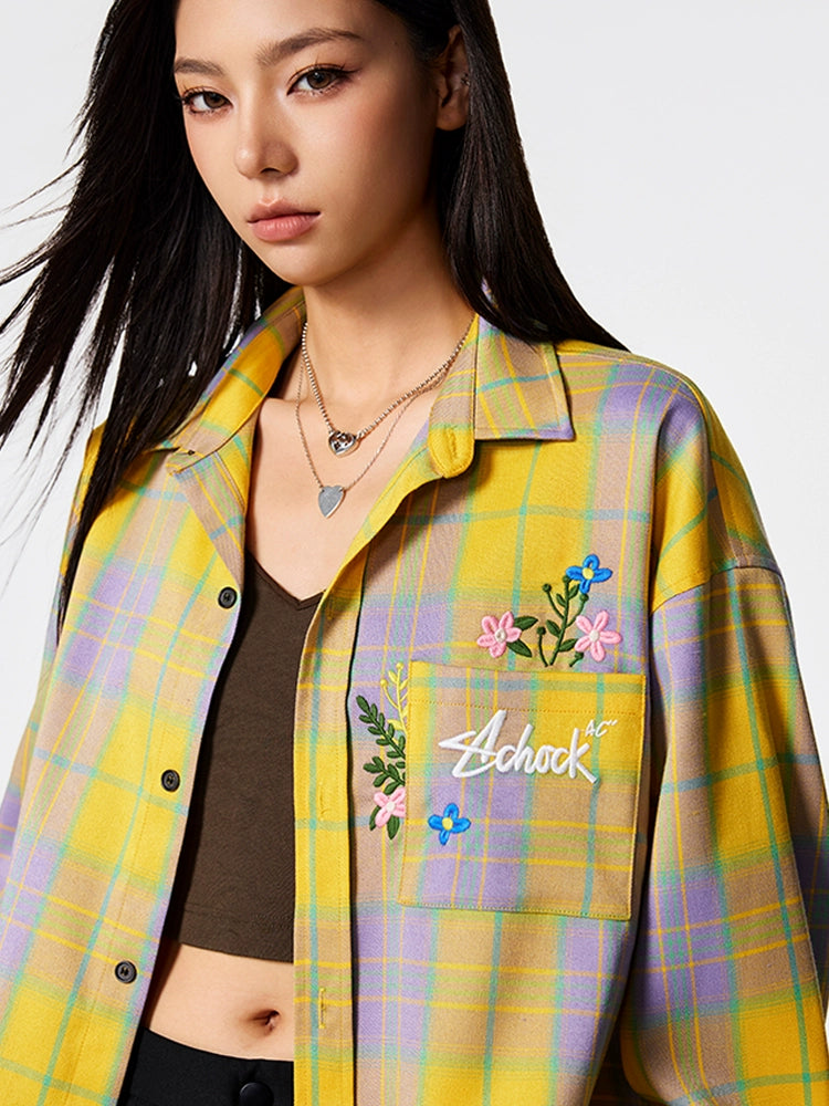 Achock Flower Embroidery Plaid Long Sleeved Shirt | Face 3 Face