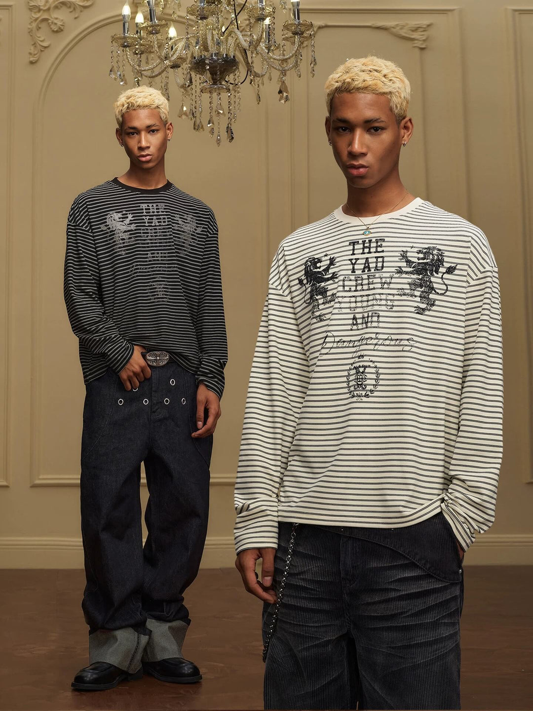 YADcrew Vintage Lion Print Striped Long Sleeve Tee | Face 3 Face