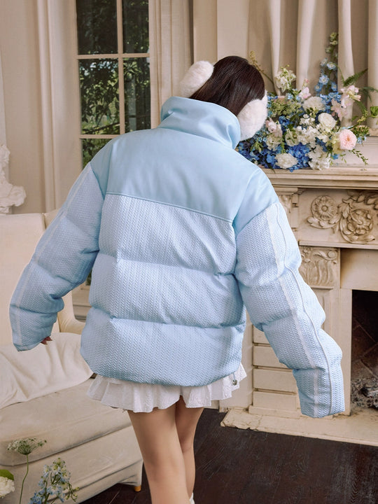 Harsh and Cruel PU Leather Lace Panel Short Puffer Jacket | Face 3 Face