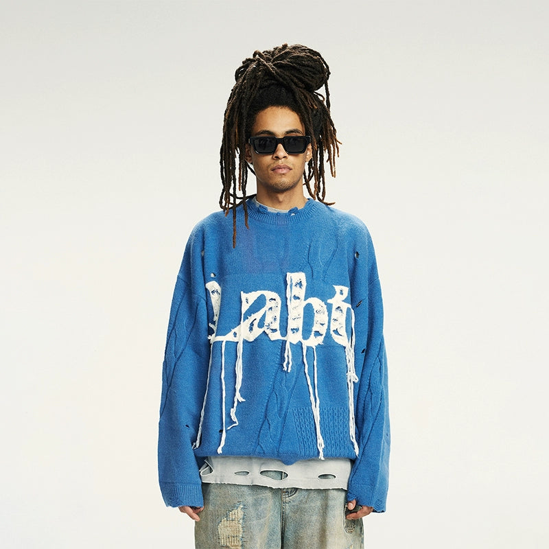 Labt Fringe Lanyard Logo Distressed Knit Sweater | Face 3 Face