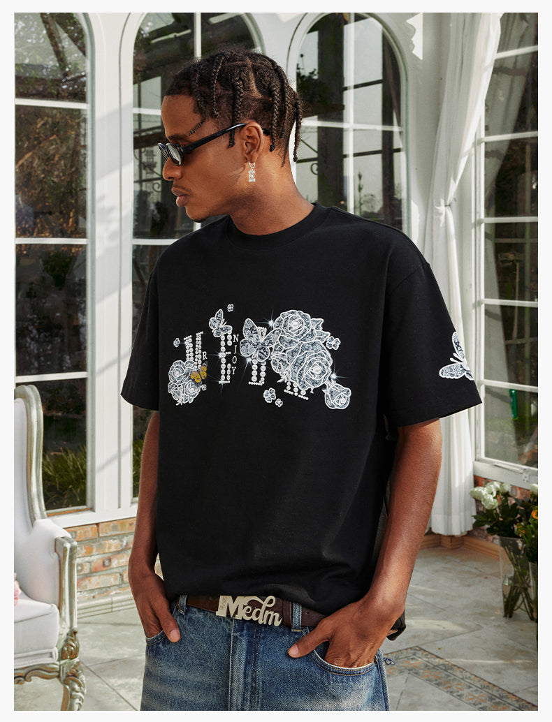 MEDM Lace Floral Rose Pearl Print Tee | Face 3 Face