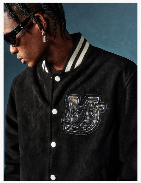MEDM Rhinestone-Embellished Suede Varsity Jacket | Face 3 Face