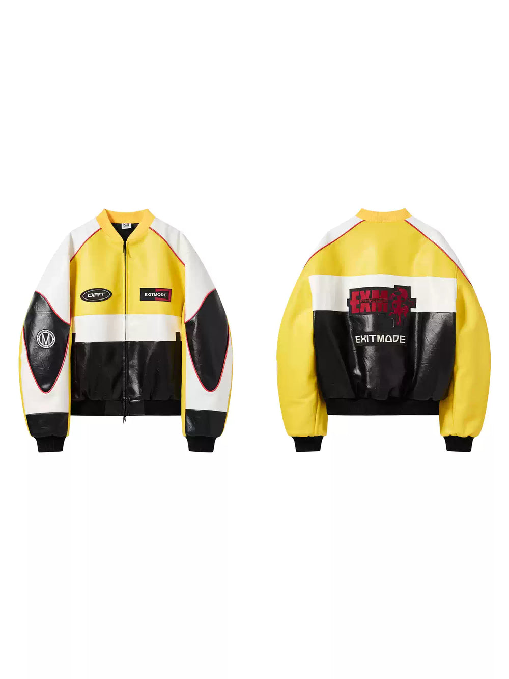 BLIND NO PLAN Color Block Embroidered Racing Leather Jacket | Face 3 Face