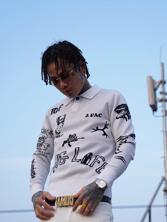 TGFCLUB 2PAC Tattoo Slim Fit Polo Knit Sweater | Face 3 Face