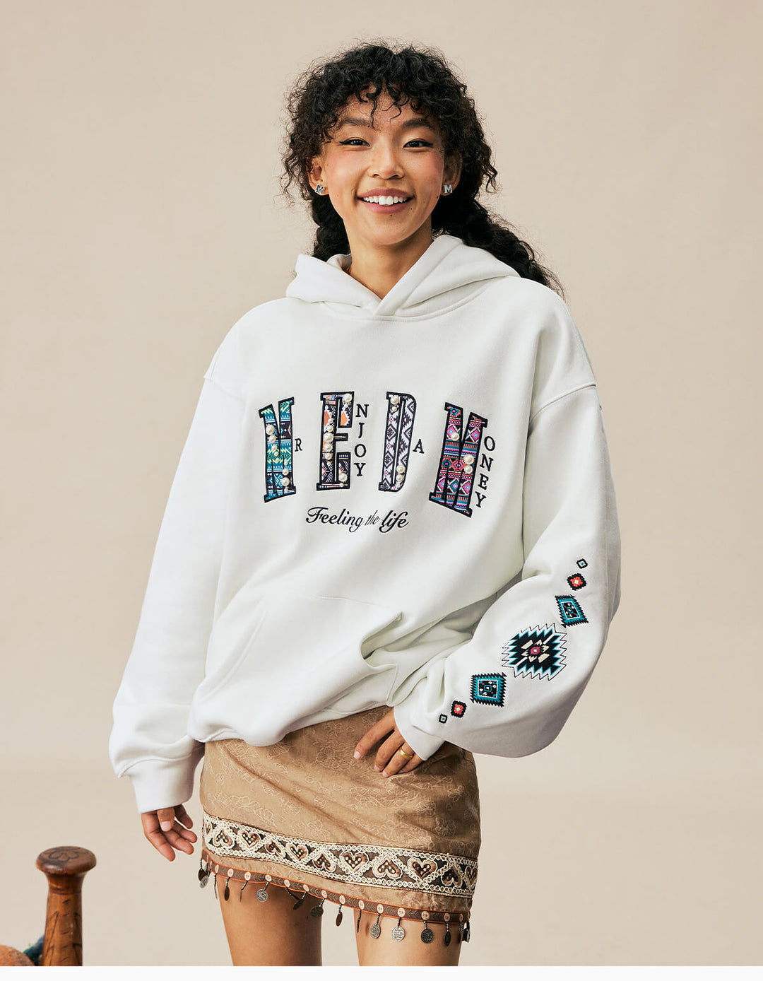 MEDM Ethnic Embroidered Patch Pearl Oversized Hoodie | Face 3 Face