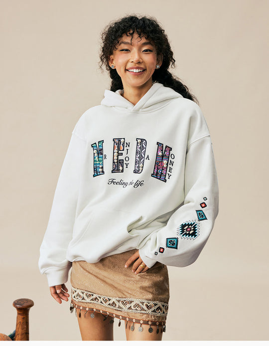MEDM Ethnic Embroidered Patch Pearl Oversized Hoodie | Face 3 Face