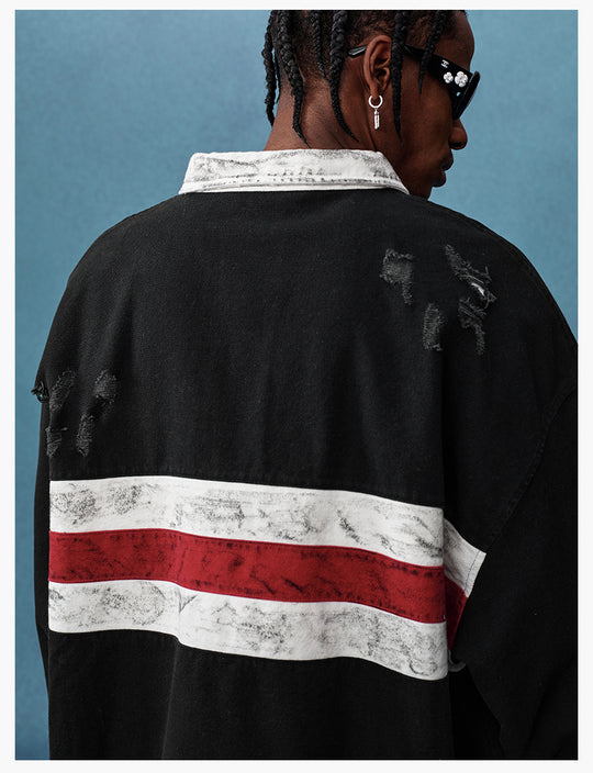 MEDM Asymmetric Collar Stripes Long Sleeve Polo | Face 3 Face