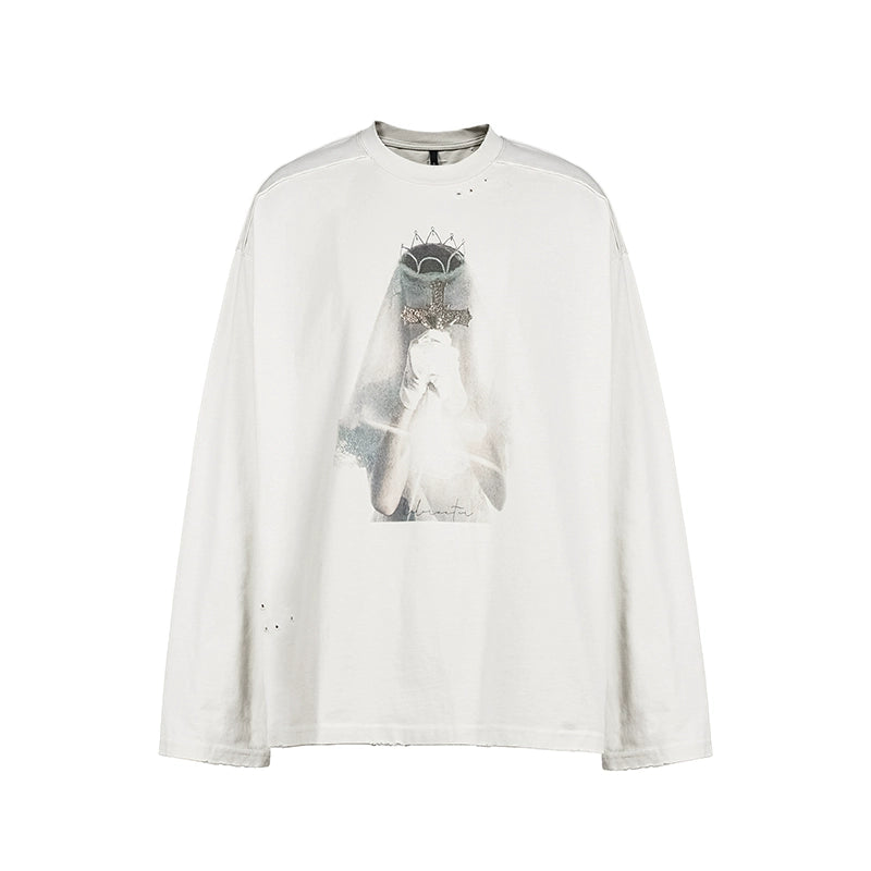 UNDERWATER White Aged Wash Destroyed Portrait Print Long Sleeve Tee | Face 3 Face