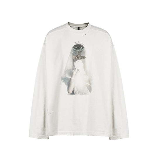 UNDERWATER White Aged Wash Destroyed Portrait Print Long Sleeve Tee | Face 3 Face