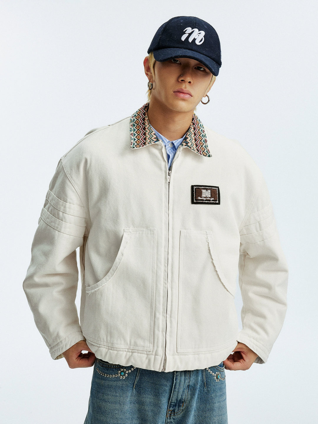 MEDM Ethnic Collar Patch Pocket Quilted Lined Work Jacket | Face 3 Face