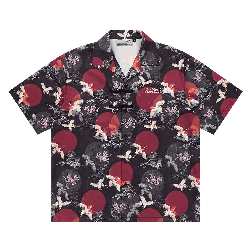 Harsh and Cruel Crane Print Knots Cuban Shirt