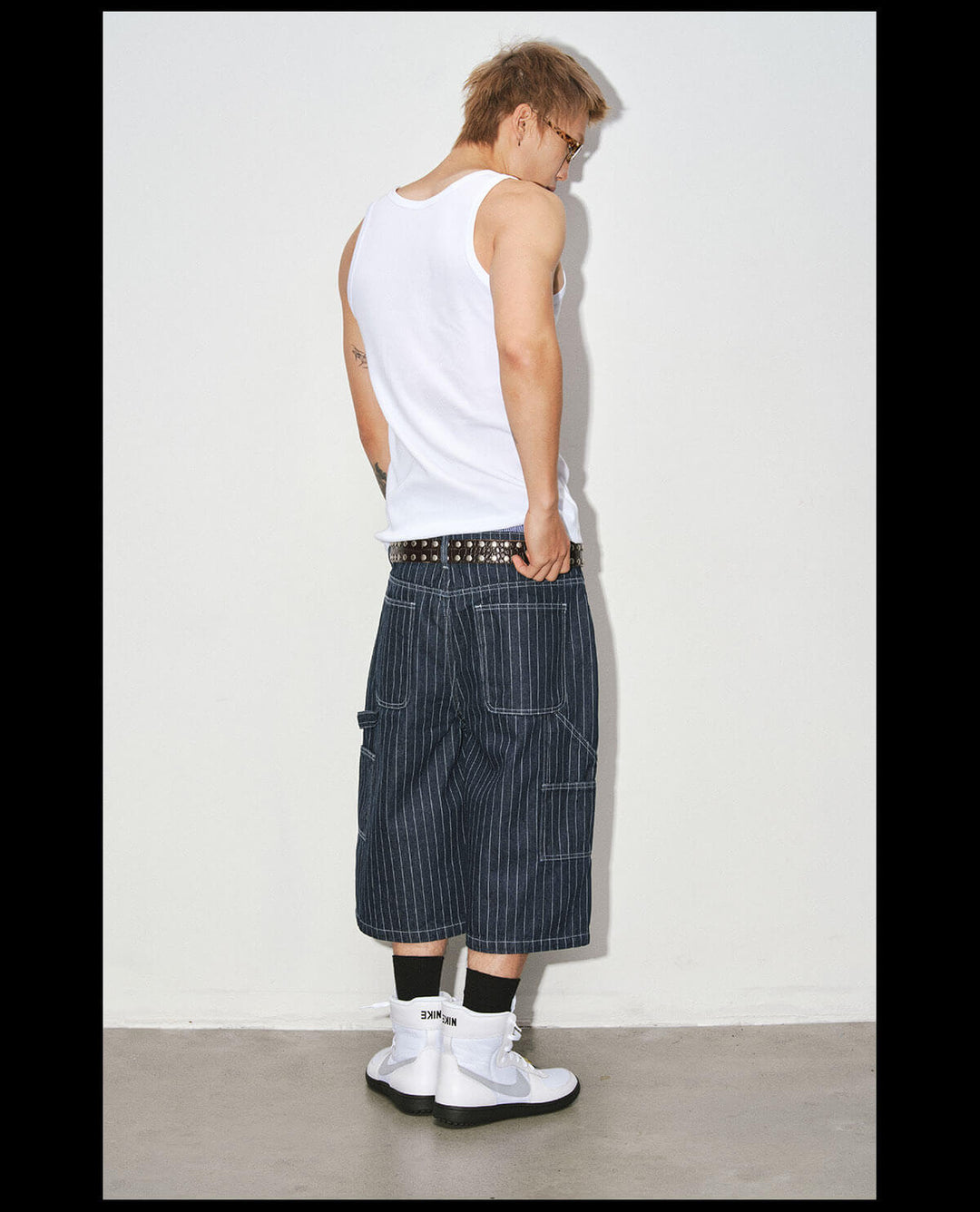 NOVACAM Circle Star Print Pinstripe Baggy Denim Shorts | Face 3 Face