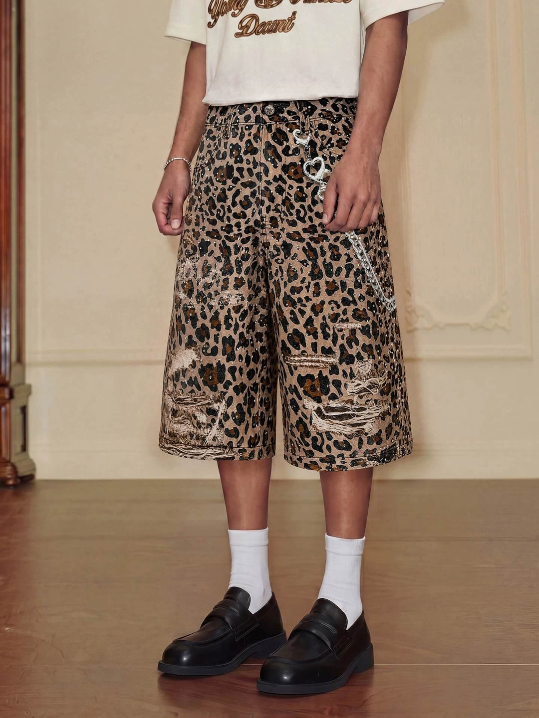 YADcrew Leopard Digital Print All Over Rhinestone Baggy Shorts | Face 3 Face