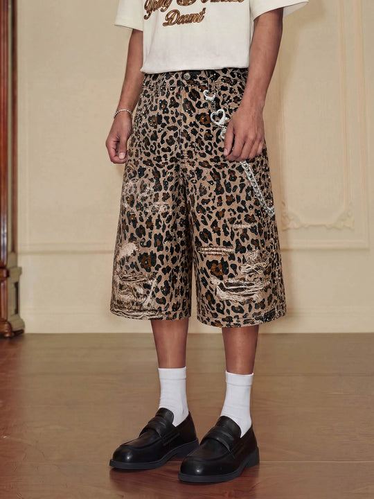 YADcrew Leopard Digital Print All Over Rhinestone Baggy Shorts | Face 3 Face