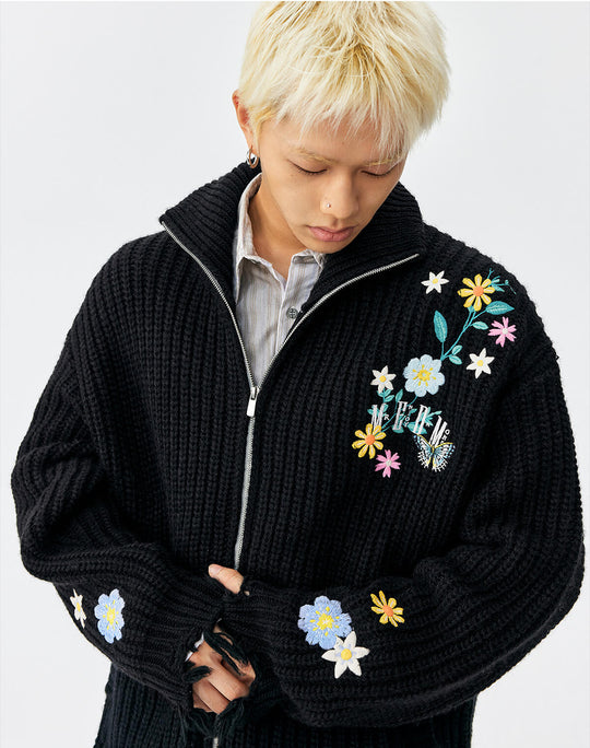 MEDM Frayed Hem Floral Embroidered Knit Cardigan | Face 3 Face