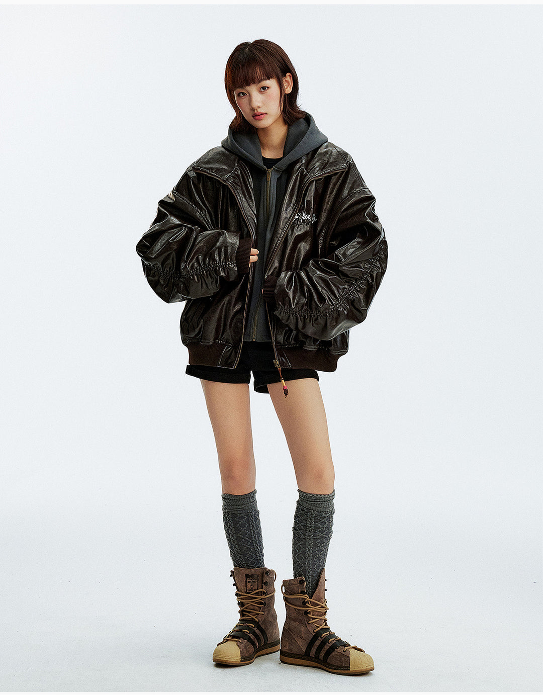 MEDM Layered Hood PU Leather Bomber Jacket | Face 3 Face