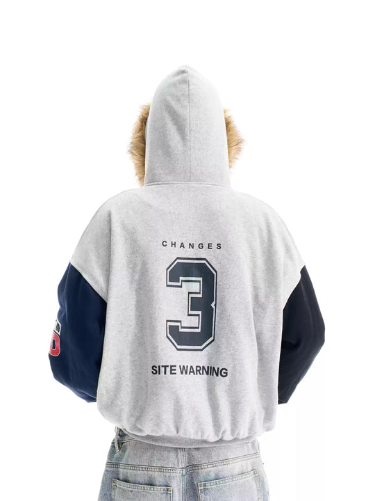 BLIND NO PLAN Gray Color Block Fur Hood Padded Jacket | Face 3 Face