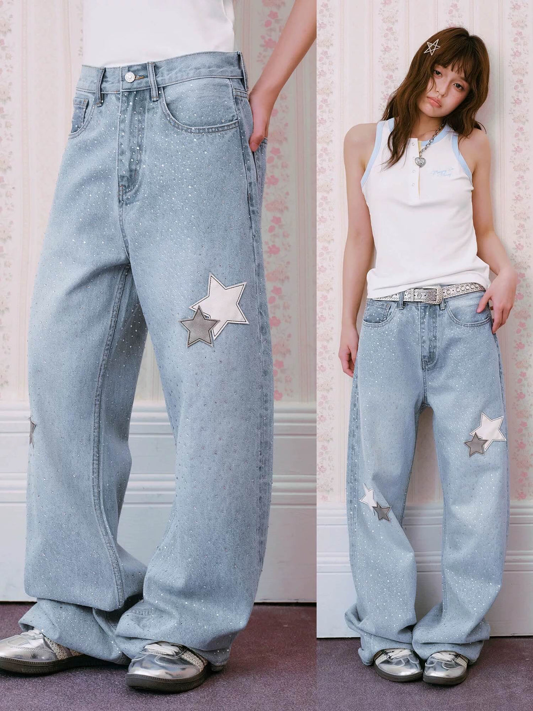 MEDM All Over Rhinestone Star Patch Jeans | Face 3 Face