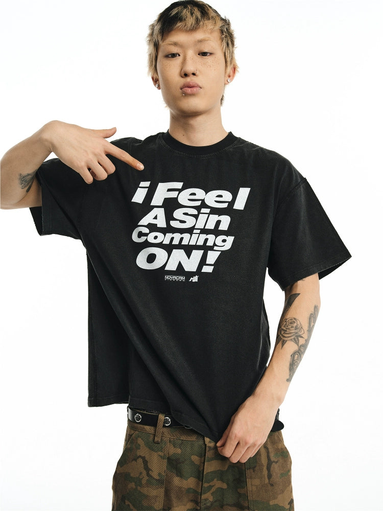 NOVACAM Vintage Letter Washed Black Stitch Tee | Face 3 Face