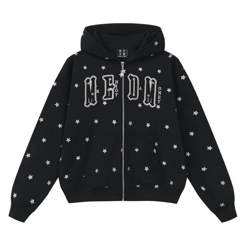 MEDM All Over Glitter Star Print Logo Patch Zip Up Hoodie | Face 3 Face