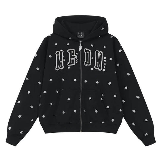MEDM All Over Glitter Star Print Logo Patch Zip Up Hoodie | Face 3 Face