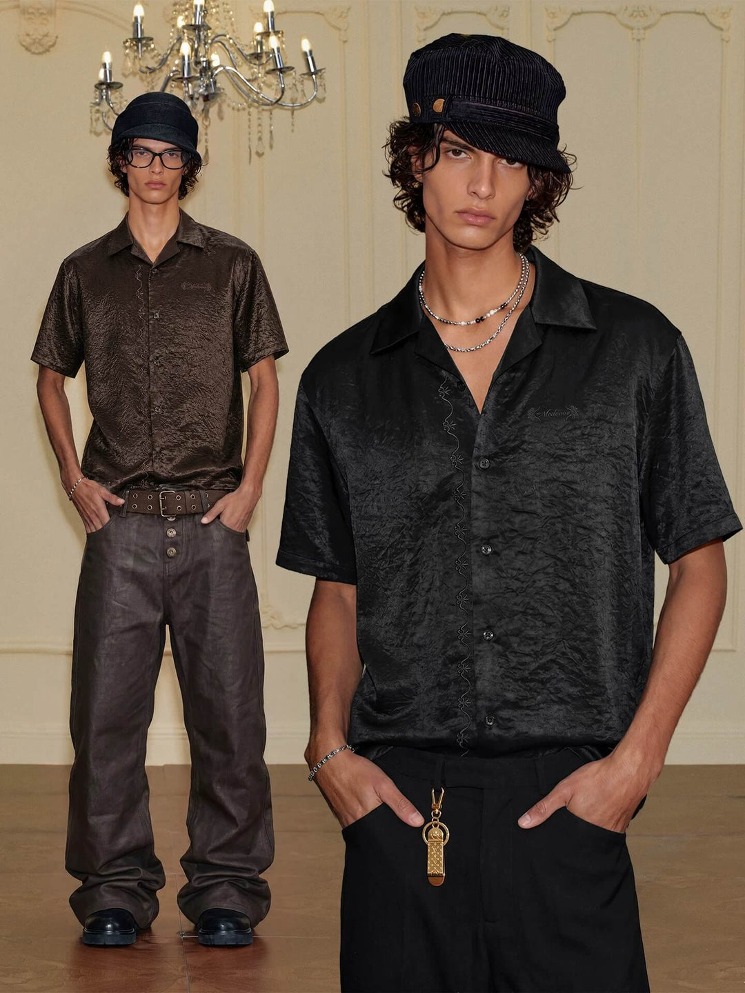 YADcrew Satin Embroidered Cuban Collar Short Sleeve Shirt | Face 3 Face