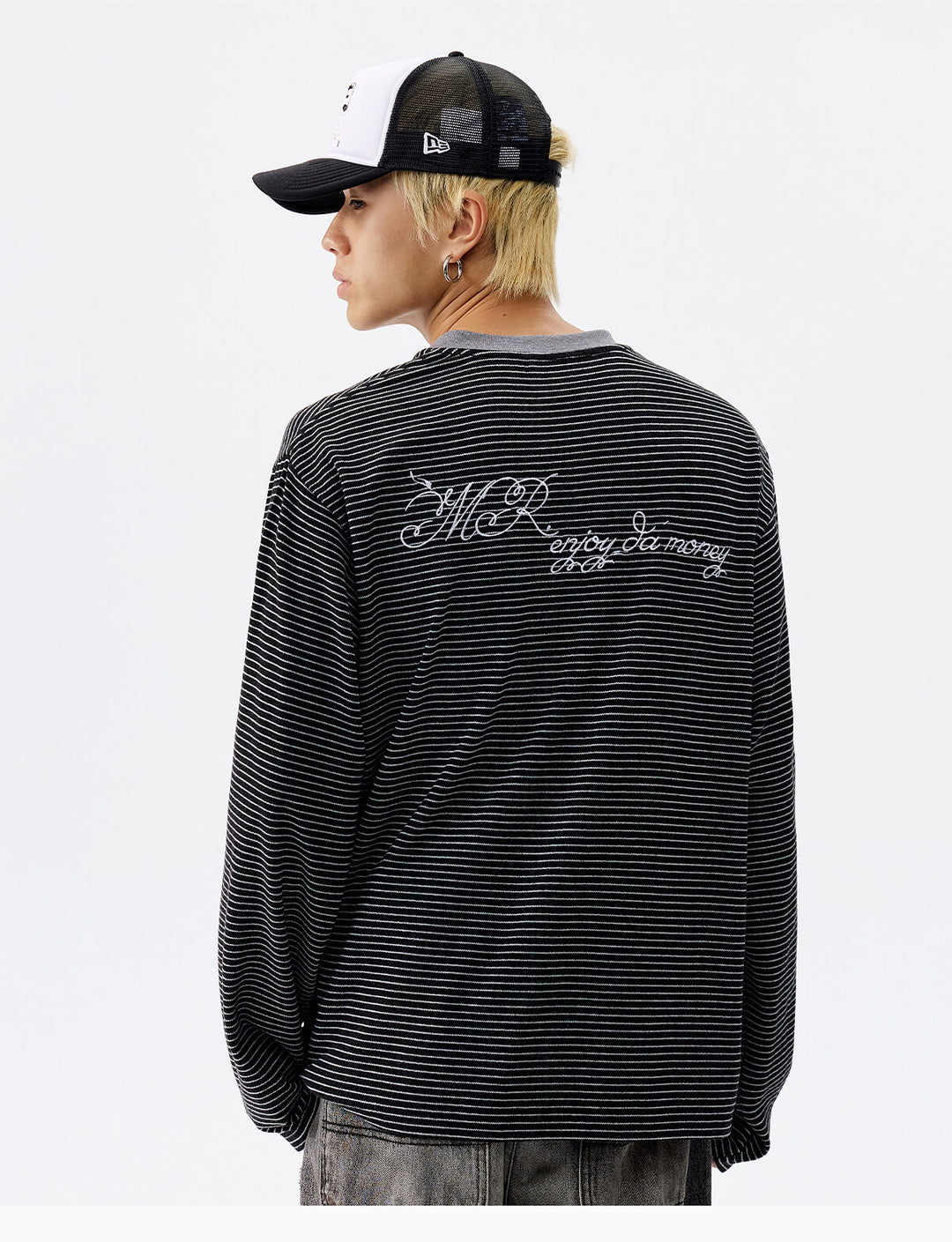 MEDM Rose Embroidered Striped Henley Long Sleeve Tee | Face 3 Face