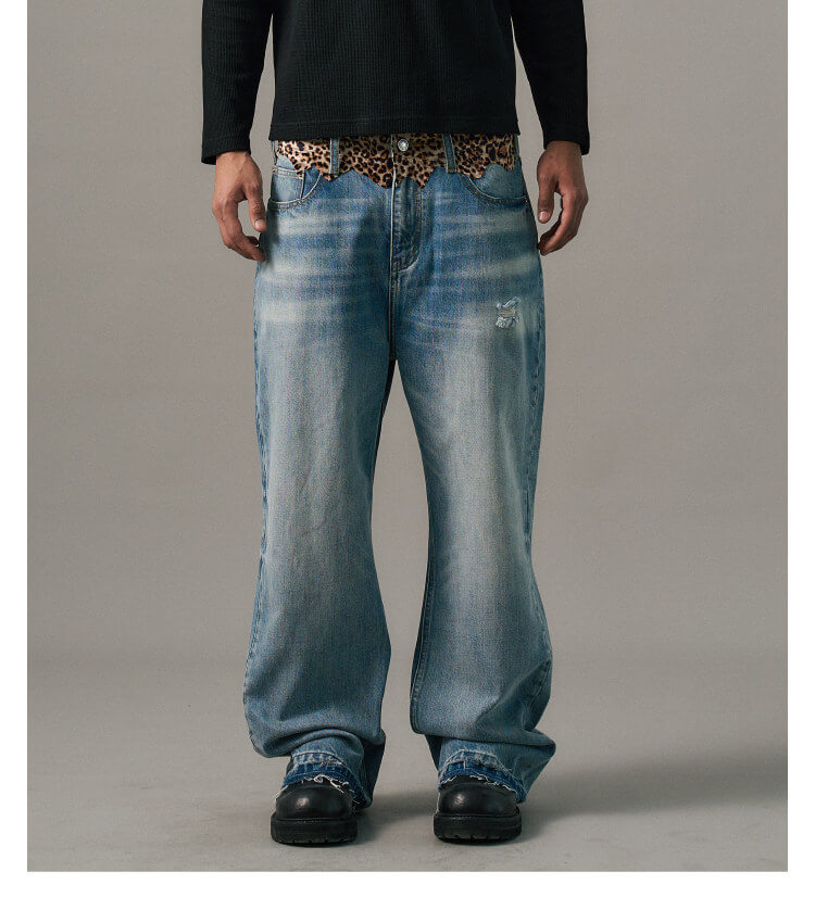 S45 Leopard Patchwork Washed Flared Jeans | Face 3 Face