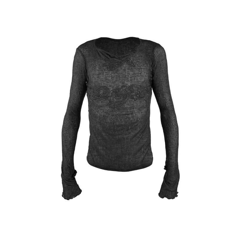 Night Lab Skeleton Embroidered Semi Sheer Slim Fit Long Sleeve Tee | Face 3 Face