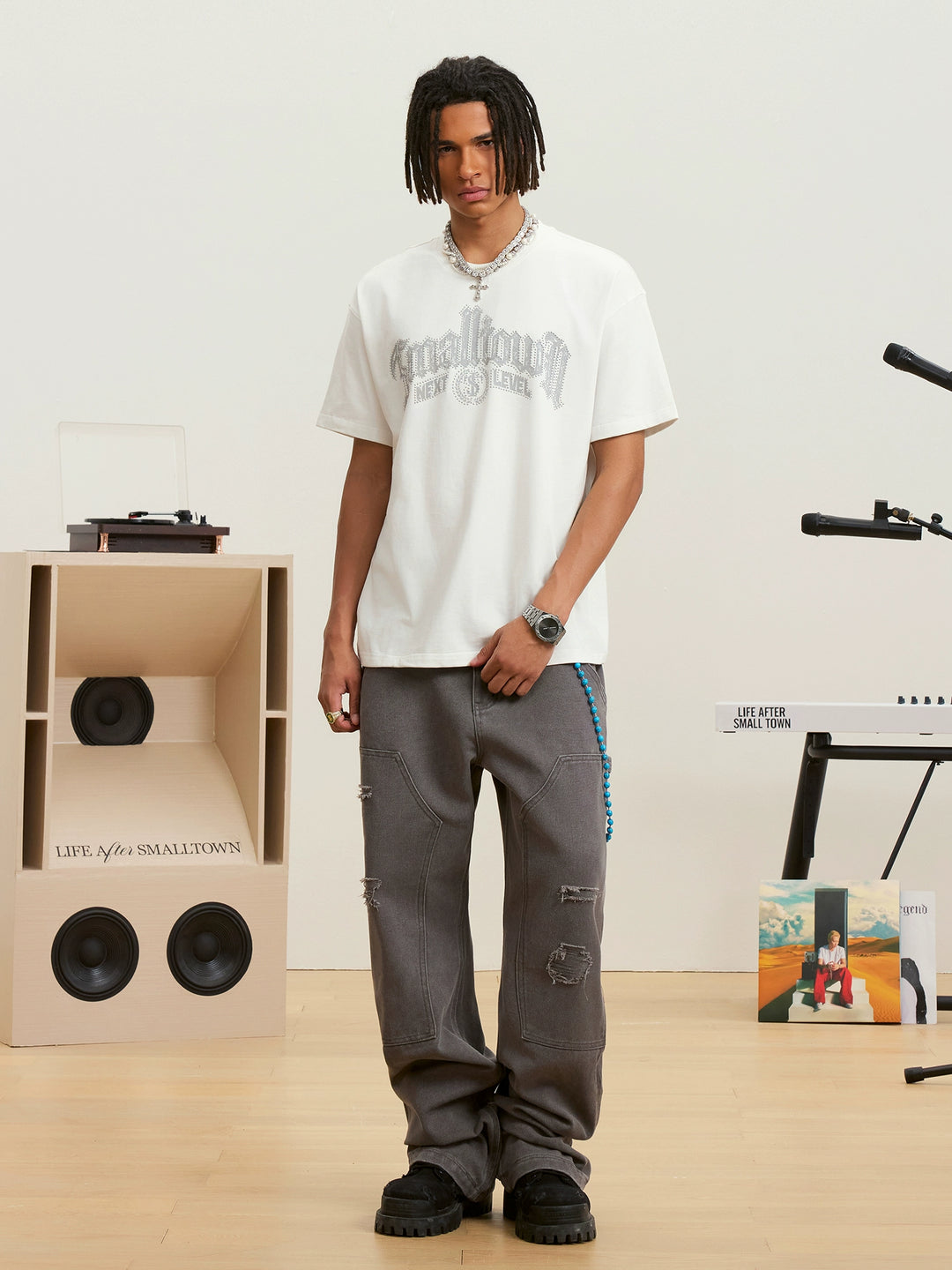 Small Town Kid Gothic Studded Logo Print Tee | Face 3 Face