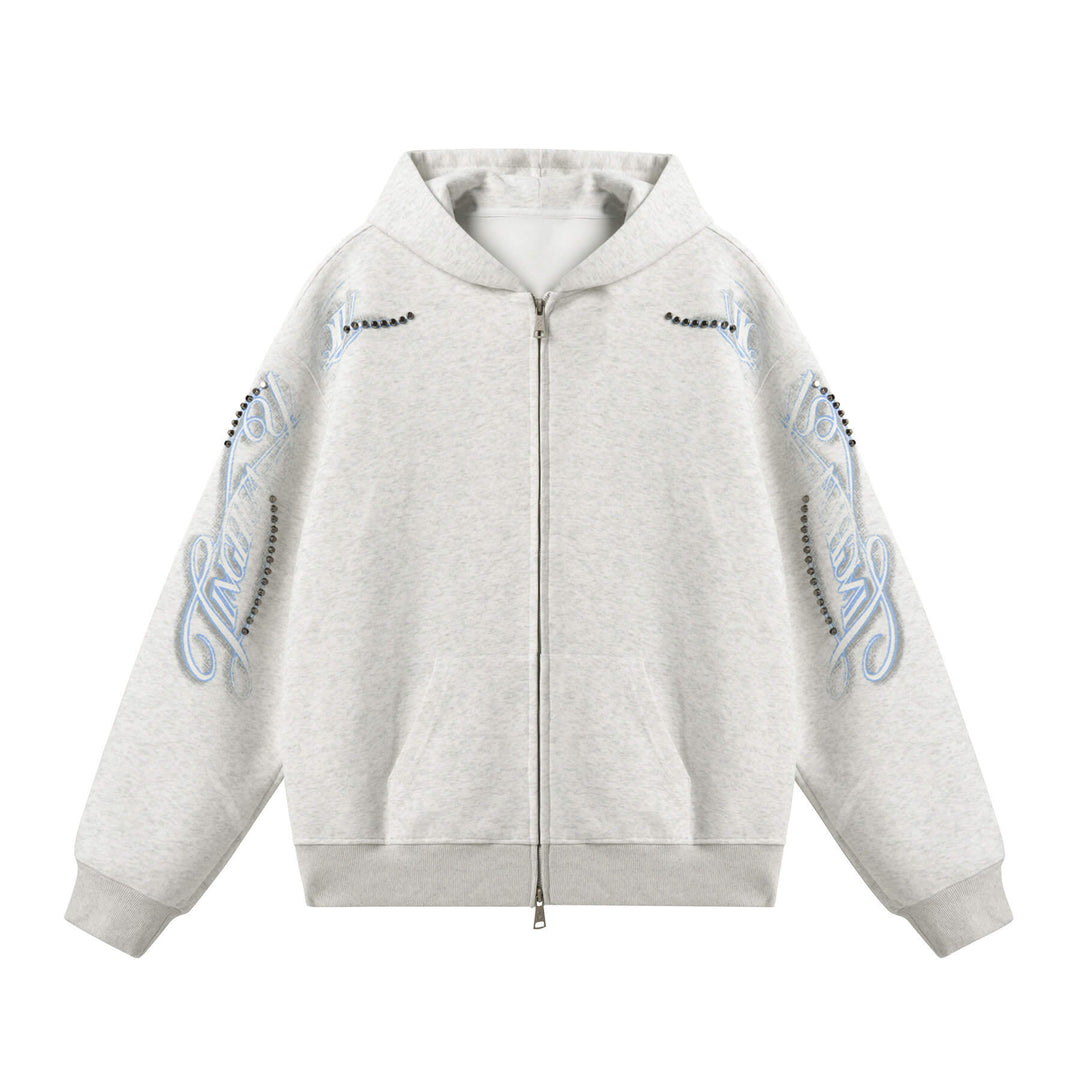 JHYQ Studded Calligraphy Print Double Zipper Hoodie | Face 3 Face