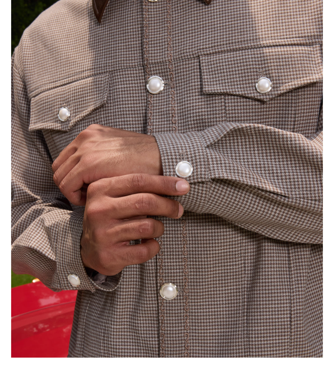 S45 Plaid Pearl Button Leather Lapel Short Jacket | Face 3 Face