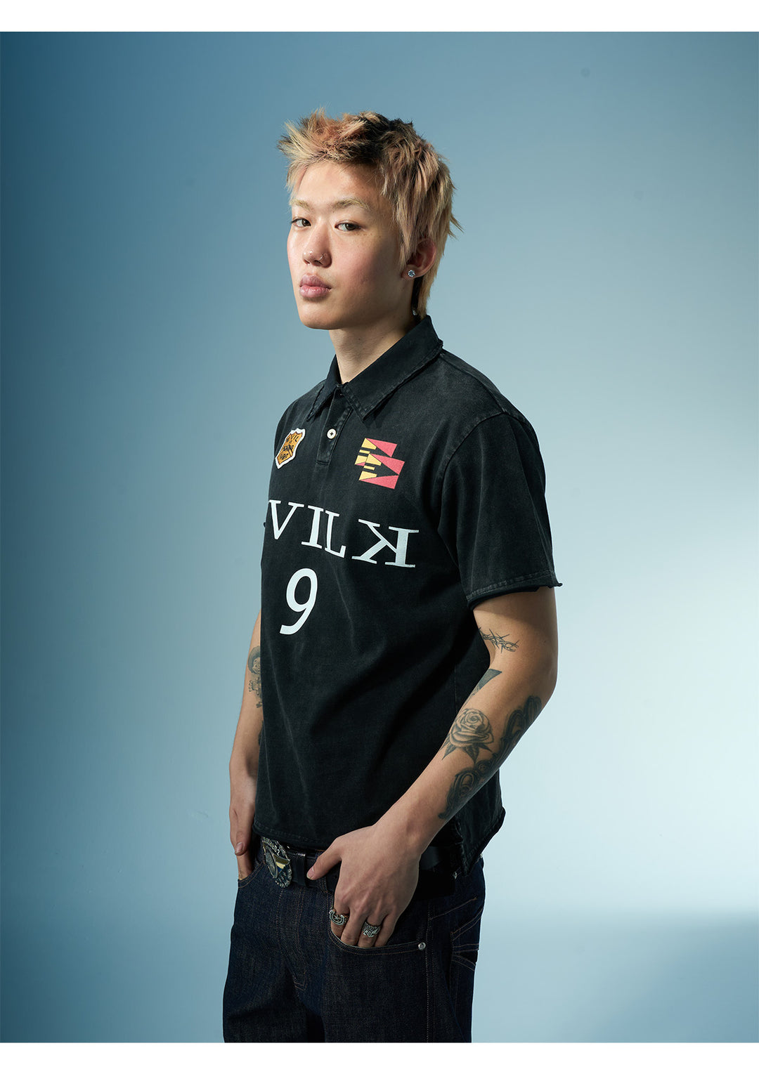 EVILKNIGHT(EK) Embroidered and Logo Printed Washed Polo | Face 3 Face